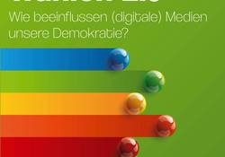 Grüner Hintergrund mit Text "Wahlen 2.0 Wie beeinflussen (digitale) Medien unsere Demokratie?" und bunten Farbverlaufsstreifen mit Kugeln