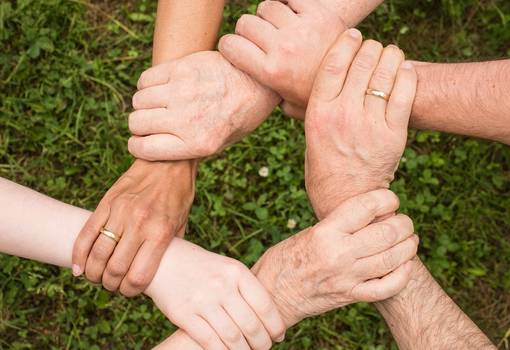 ineinander greifende Hände vor grüner Wiese