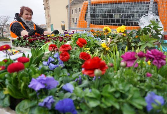 Junge Frau hinter kleinem LKW mit bunten Blumen auf der Ladefläche